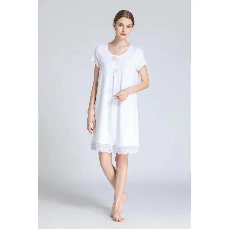 Летняя женская Милая Белая ночная рубашка, женская ночная рубашка из модала и хлопка, женская ночная рубашка с коротким рукавом и круглым вырезом, одежда для сна
