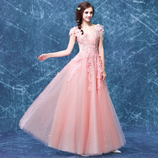 

2019 New Young Mom Pink Crystal Flower Perspective Deep V Sexy Strap Wedding Dress
