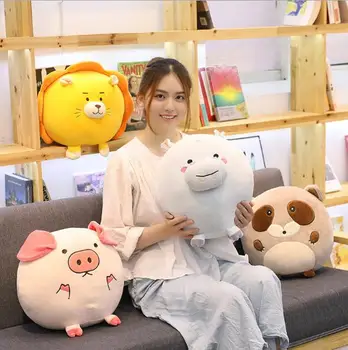

Cute forest animal figurine pink pig raccoon lion cow hippo round plush pillow children birthday gift plush toy