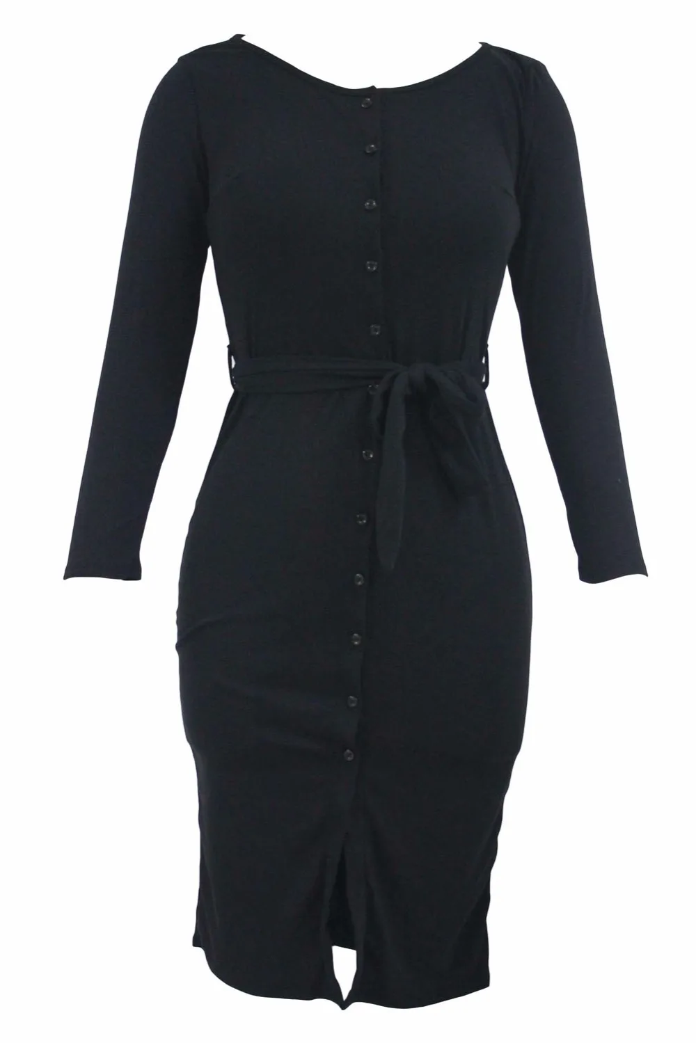 Black-Long-Sleeve-Button-Down-Midi-Dress-with-Sash-Belt-LC61385-2-2