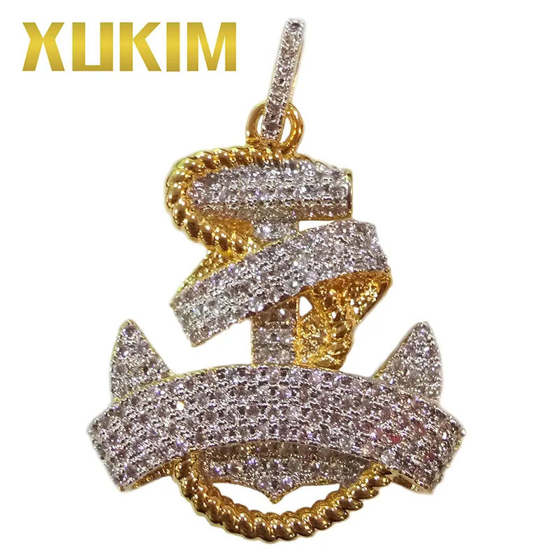 Xukim ювелирные изделия Хип-хоп Iced Out Micro Pave AAA CZ золотое покрытие якорь крест кулон