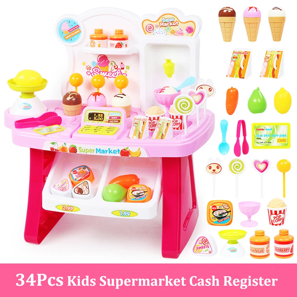 34pcs Cash Register Electronic Toys Kids Pretend Play Kitchen Toys