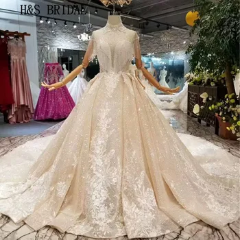 شراءH & S الزفاف الشمبانيا فستان الزفاف عالية الرقبة بلورات Sposa Vestido دي Novia الفاخرة النسيج الزفاف أثواب Trouwjurk