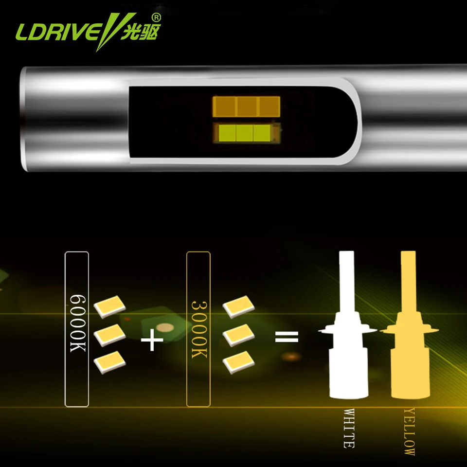 LDRIVE 2 шт. KS двойной Цвет автомобильная светодиодная лампа для фары 3000K 6000K цвет: желтый, белый H1/H3/H4/H7/H8/H9/H11/9005/9006/9012/HB3/HB4 налобный фонарь