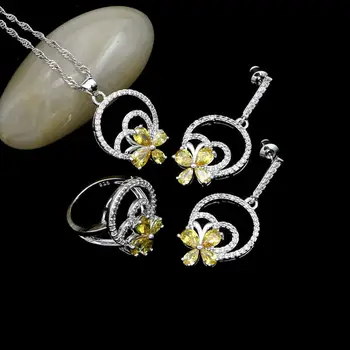 

Cute Silver 925 Jewelry Sets For Women White Crystal Yellow Cubic Zirconia Earrings/Pendant/Necklace/Ring