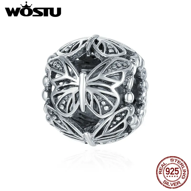 

WOSTU Authentic 100% 925 Sterling Silver Stackable Butterfly Round Charm Beads fit DIY Charm Style Bracelet Jewelry Gift DXC491