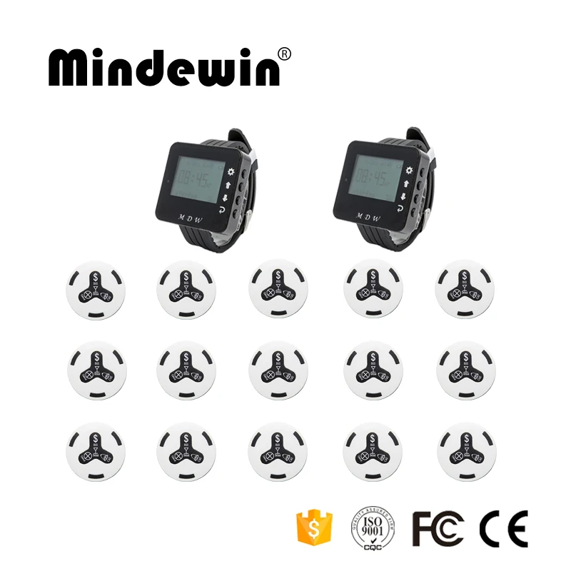 

Mindewin Hot Sale Service Bell 15pcs Service Call Button + 2pcs Wrist Watch Pager Restaurant Or Cafe Shop Wireless Call Service
