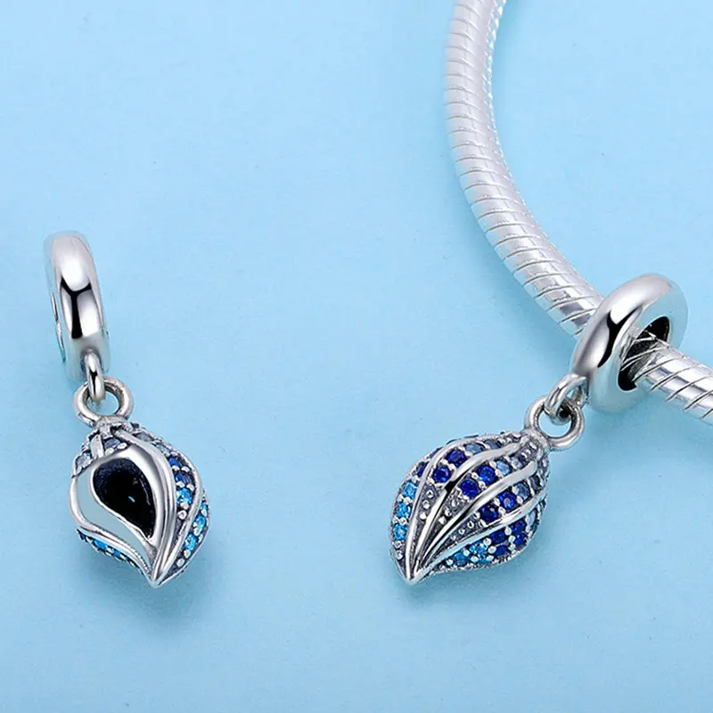 925 пробы серебро Song of раковины рыбы синий CZ Кристалл морской соли кулон, подходят к оригиналу Pandora, браслет, ювелирные изделия с бриллиантами