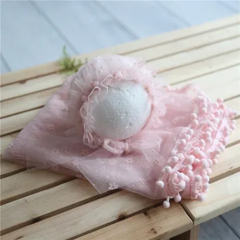 

Newborn Pink Lace Bonnet and Wrap Set Baby Gril Ruffer Hat Swaddle Blanket Wrap Layer fabric Photography Props