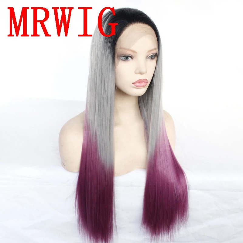 MRWIG 26in реальные pic 1b # черный ombre серый/фиолетовый бесплатная часть синтетические волосы на кружеве парик термостойкие волокно