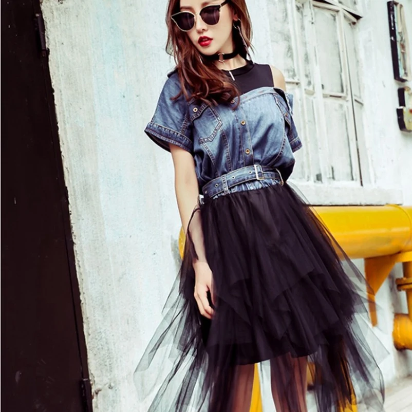 

Summer short - sleeved denim stitching strapless mesh puff dress free shipping