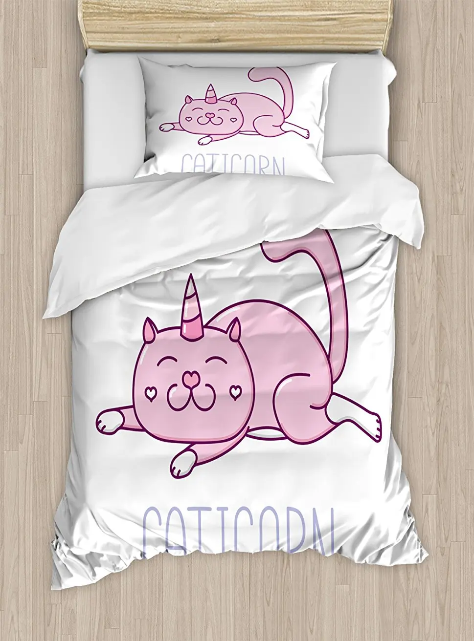

Duvet Cover Set , Pink Cat with a Horn and Funny Expression Lying Caticorn Cartoon Mascot, 4 Piece Bedding Set