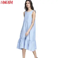 Tangada модные женские туфли Длинные платье на бретелях хлопок синий оборками пляжные летние без рукавов Свободные Повседневное бренд Vestidos Mujer Сарафан