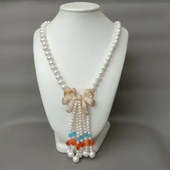 

23" White Pearl Necklace CZ Pave Pendant