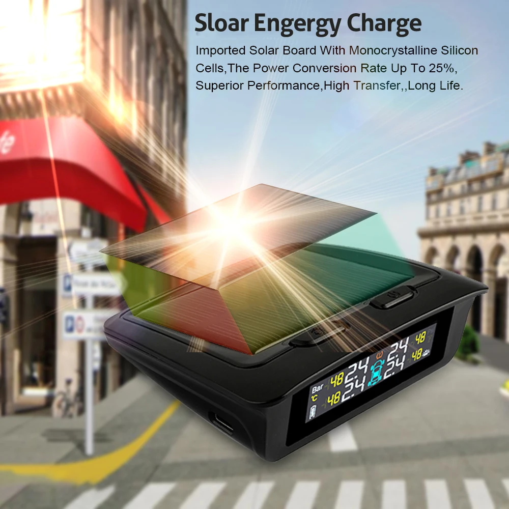 2018 Newest TPMS Tire Pressure Alarm System With 4 Sensors Solar Energy Tire Monitor Wireless Car Tire Alarm TPMS Solar Power