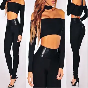 

New casual women Bodycon Bandage jumpsuits black pencil pants leather knitted bodysuit evening club playsuit
