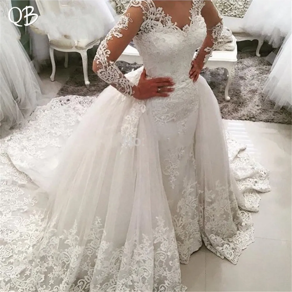 

Custom Made Luxury Mermaid Removable Skirt Long Sleeve Tulle Lace Pearls Crystal Sexy Wedding Dresses Bridal Gowns XL09