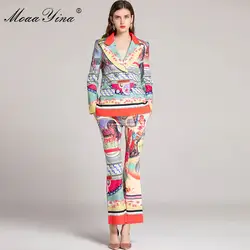 MoaaYina модный дизайнерский комплект осень-зима женский длинный рукав винтажный цветочный принт Элегантная блузка + расклешенные брюки