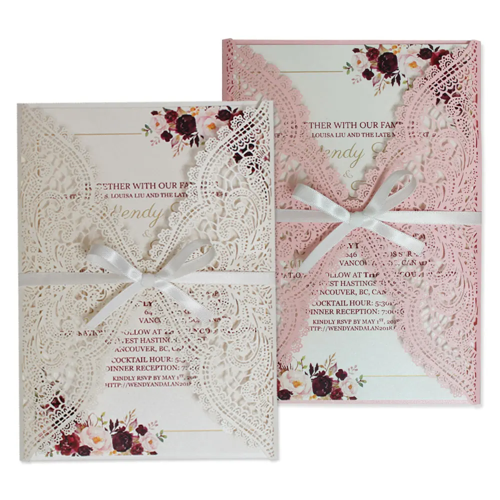 

Elegant Lace Wedding Invitations Blank or Customized Invitation Cards, Ivory and Pink Laser Cut Invitations - Set of 50