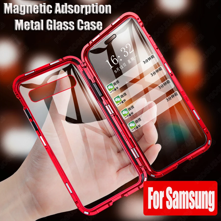 

Tempered Glass + Magnetic Metal Frame Flip Case For Samusng Galaxy Note 10 Pro 9 8 S10E S10 S9 S8 Plus M20 M30 A30 A50 A70 A7 A9