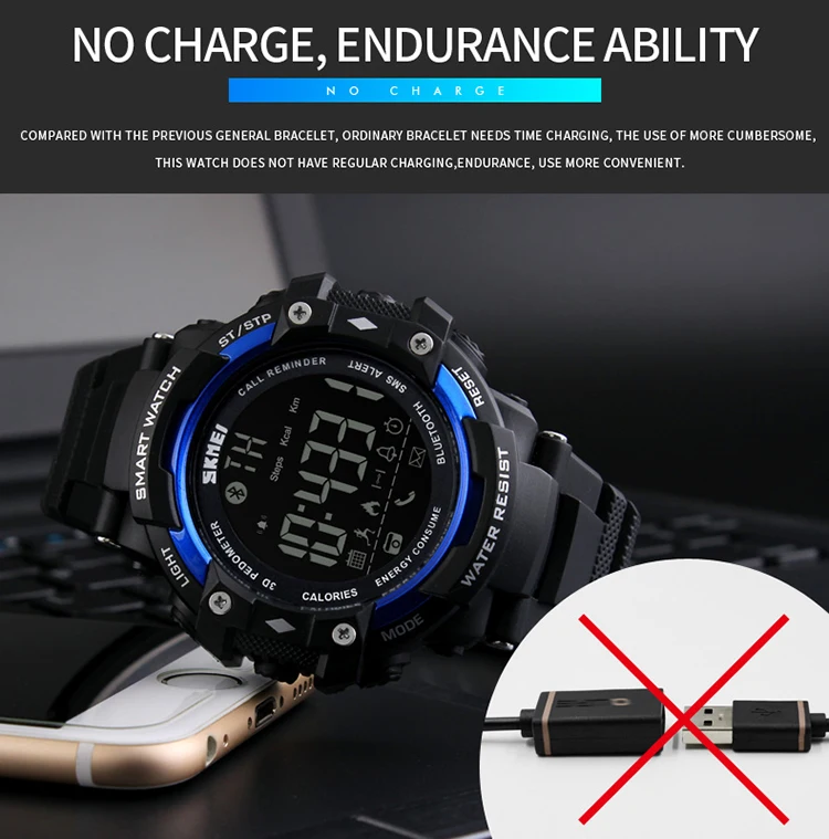 Модные новые SKMEI 1226 Bluetooth умные мужские спортивные часы 50 м водонепроницаемые часы напоминание Удаленная камера шагомер цифровые наручные часы