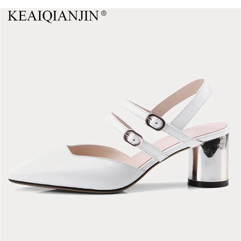 

KEAIQIANJIN Woman Genuine Leather Round Heels Sandal Fashion White Black High Heels Shoes Sexy Genuine Leather Shallow Sandal