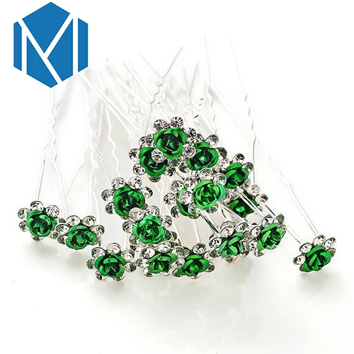 M MISM 20 PCS Bridal Rhinestone Exquisite Rose Flower Hair Pins Girls Wedding Shiny Crystal Bun Maker Tools Hair Accessories - Окраска металла: Green