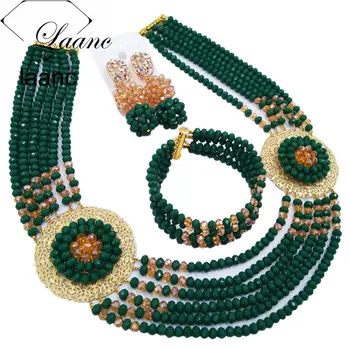 

Laanc Fashionable Opaque Dark Green Champagne Gold AB Crystal Beads African Jewelry Set Nigerian Wedding Necklace Sets PHJZ009