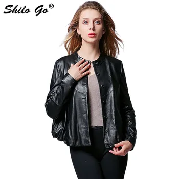 

SHILO GO Leather Jacket Autumn Fashion sheepskin genuine leather Jacket O Neck leather single breasted concise loose black coat