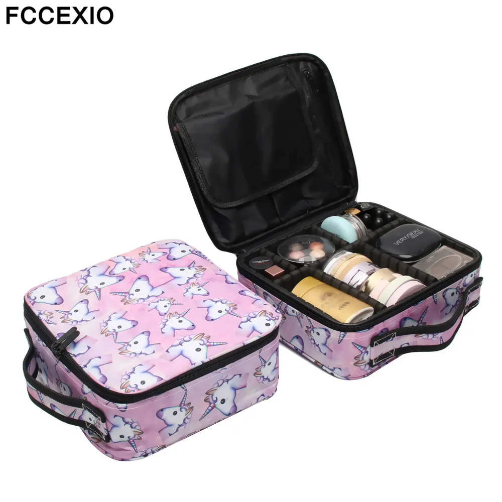 

FCCEXIO New Cosmetic Bag Pink Unicorn Print Makeup Bag Travel Organizer Beauty Case Toiletry Bag Bath Wash Adjustable Makeup Box