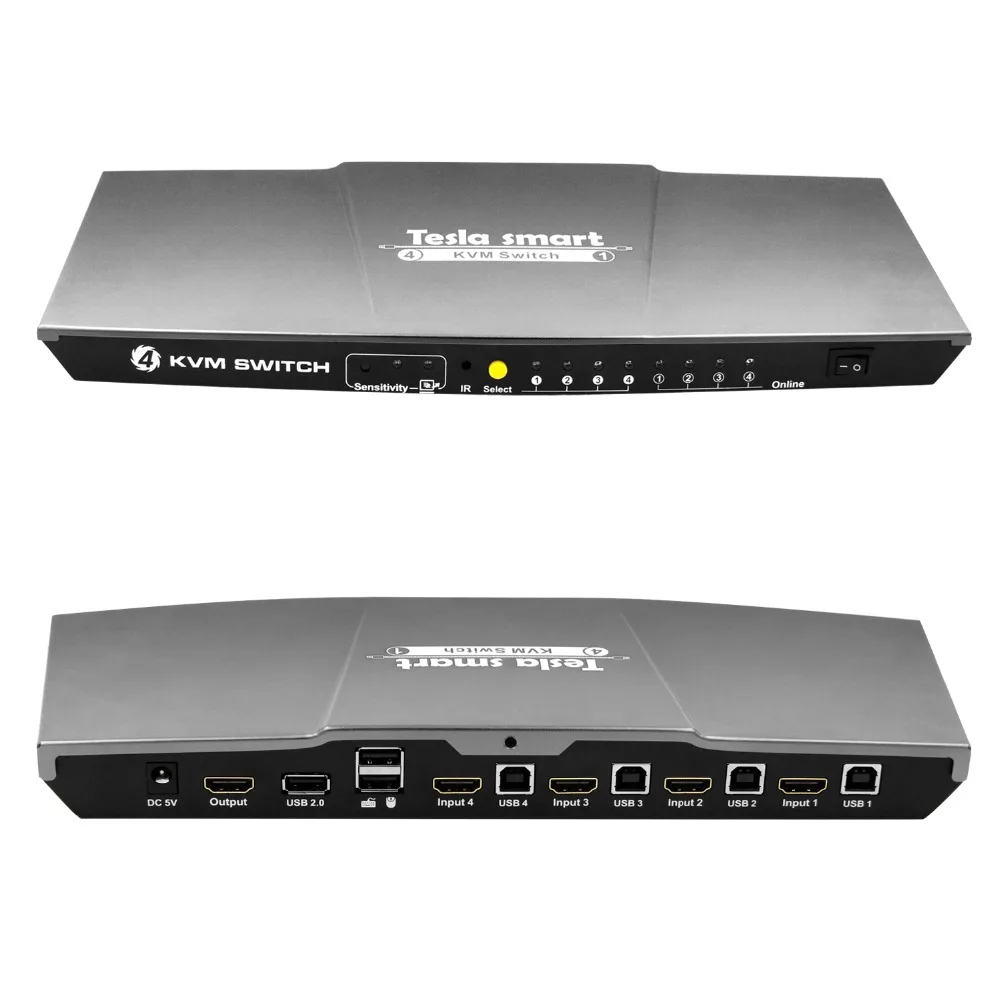 Free Shipping Tesla smart Gray USB HDMI KVM Switch 4 Port