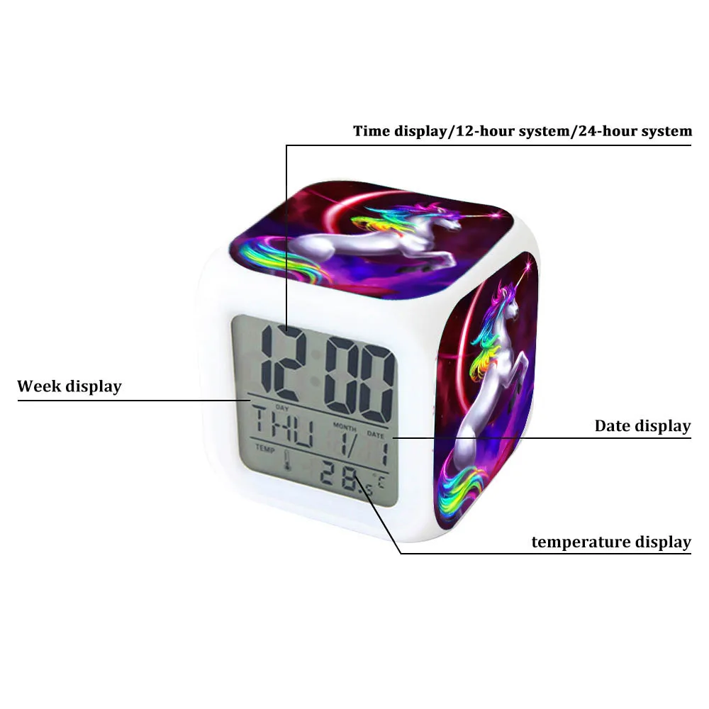 Милый рисунок единорога светодиодный Будильник дети 7 цветов Изменение цифровой настольный часы ночник куб подарки на день рождения