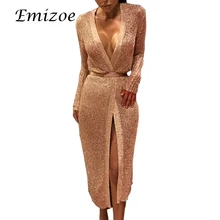 Emizoe 2018 shine knitted cardigan dress women party club sexy dress rose gold midi female vestidos open stitch bodycon dress