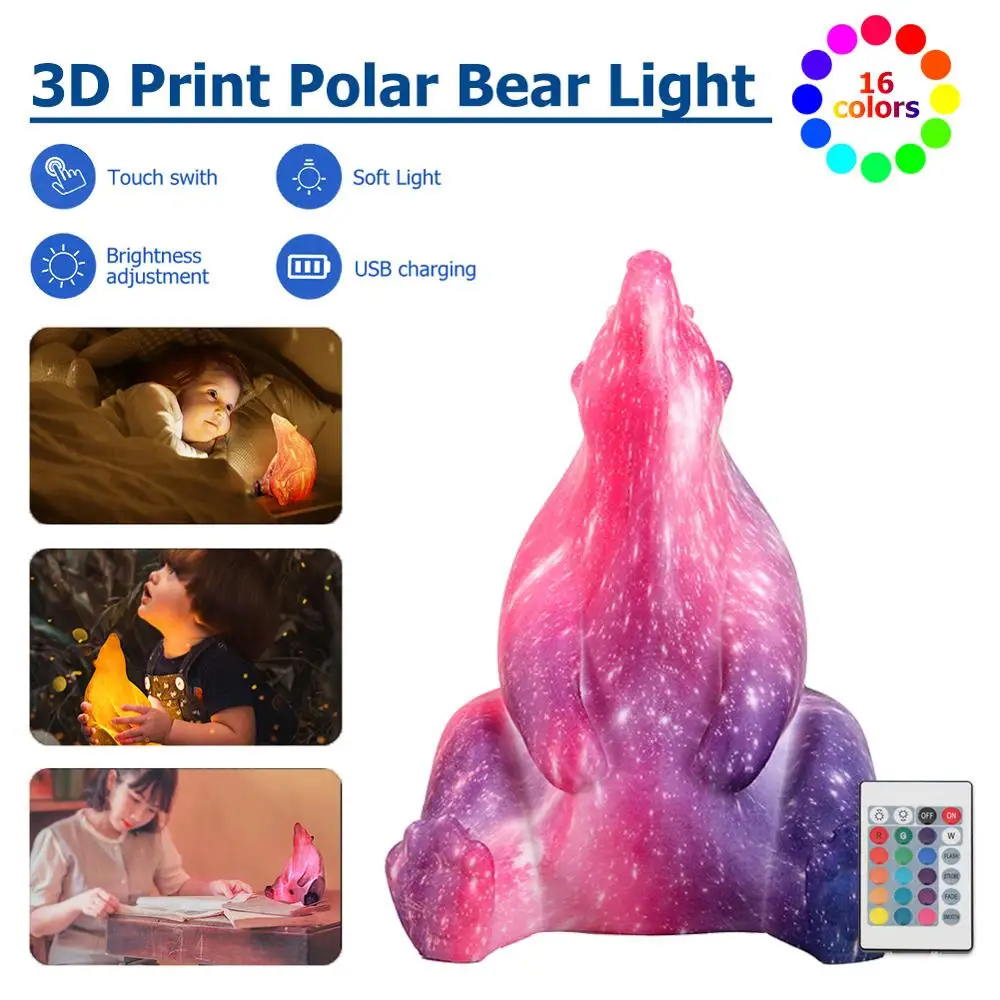 

16 Color 3D Printing Polar Bear Night Light Lamp Color Change Touch LED Night Light Bedroom Party Projection Lamp 36