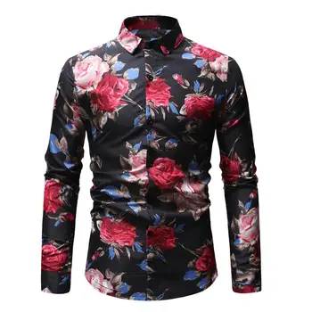 

Wholesale Fashion Men Flower Print Turn Down Collar Long Sleeve Shirt Buttons Slim Fit Top