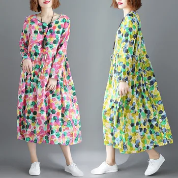 

Plus Size Autumn and Winter Chinese Traditional 2 Colors Cotton and Linen Women The National Wind Costume Ethnic Style Dress