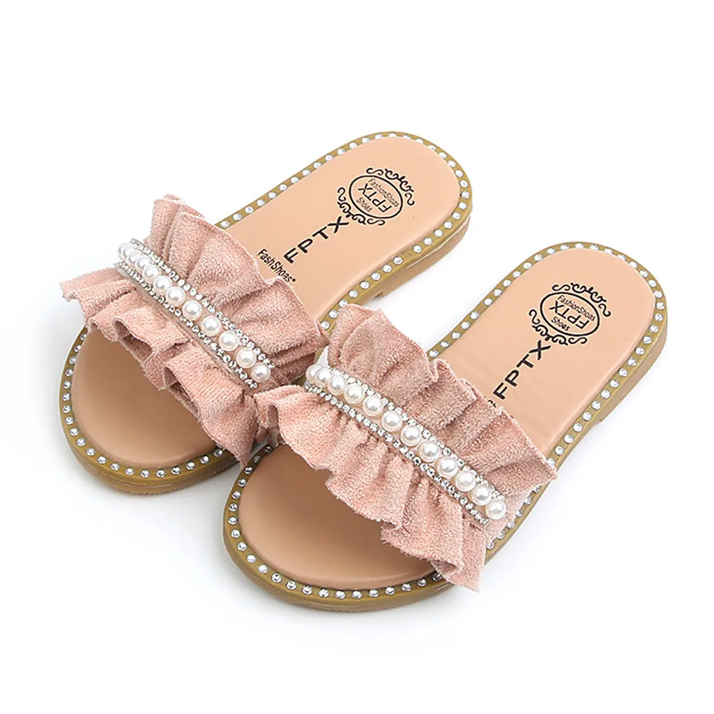 

LONSANT Baby Girls slippers summer Toddler Kids Pearls Crystal Ruffles Princess Shoes sweet Girls fashion outdoor Slippers
