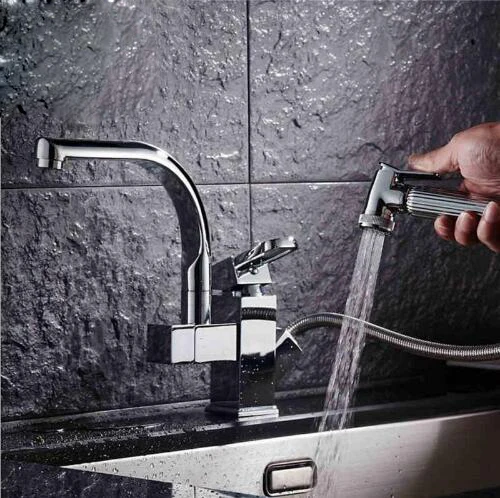 

Kitchen Faucets Pull Out Chrome Mixer Tap Swivel Spout Sink Faucet Copper