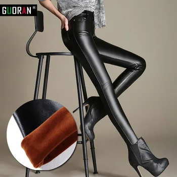 

100% PU leather soft women pants winter warm thick velvet high waist elastic stretch Slim woman pencil pants fenale trousers