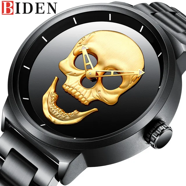 

Men Cool Punk 3D Skull Watch Brand BIDEN Luxury Steel Quartz Watches Waterproof Retro Fashion Gold Black Clock Relogio