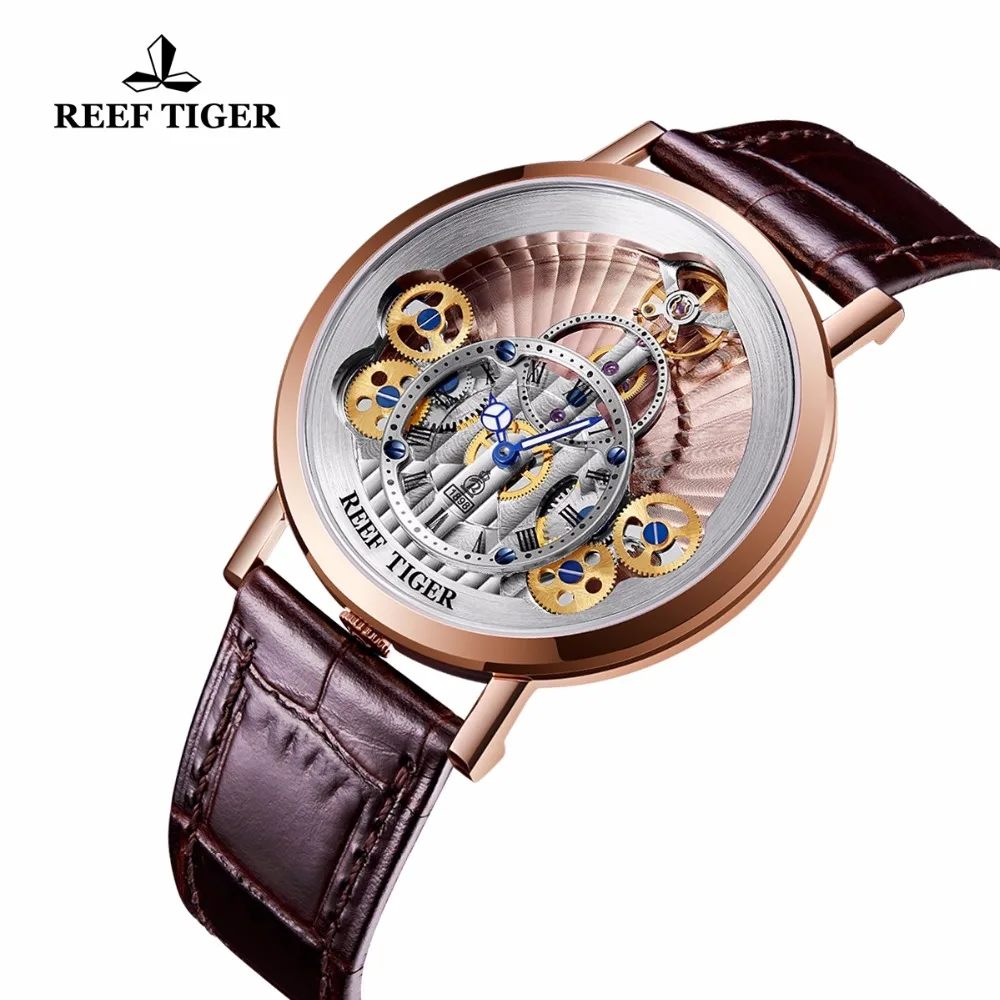 Бренд Reef Tiger модные повседневные кожаные водонепроницаемые наручные часы