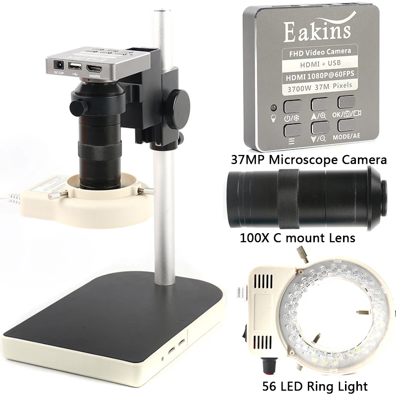  HDMI USB 37MP 1080P 60FPS TF Microscope Camera 100X Zoom Digital Video Recorder 56 LED Ring Light F - 32994978714