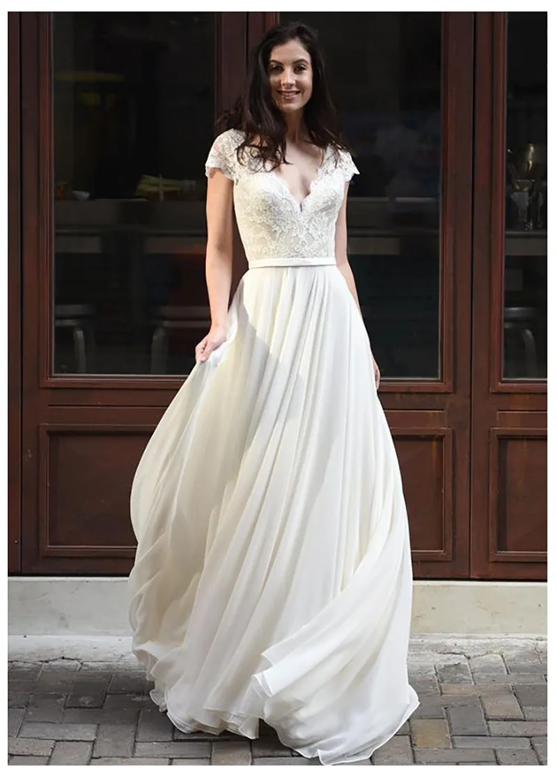 

SoDigne Wedding Dress Cap Sleeves Lace Appliques Bride Dress V Neck Romantic Backless Bridal Gown Floor Length Wedding Gowns
