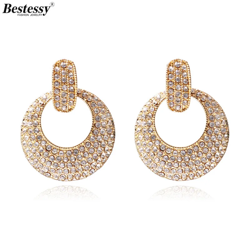 

Bestessy New Big Metal Circle Crystal Drop Earrings Golden/Silver Color Statement Earrings Bohemia Trend Jewelry Wholesale