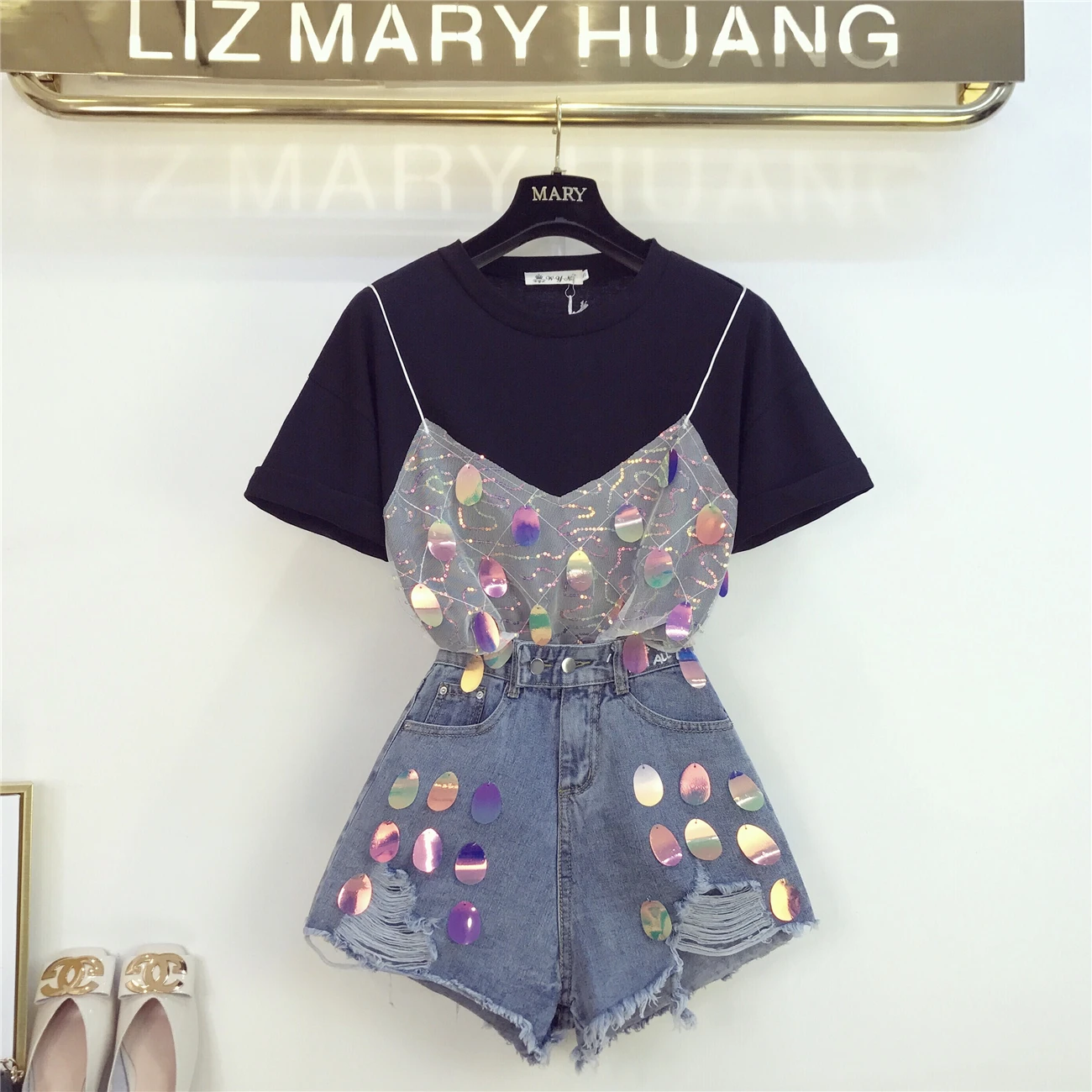 

New Summer Fashion Women's Sets Faux Two Piece Strap Short Sleeve Tops + High Waist Hole Denim Shorts Students Suits Casual