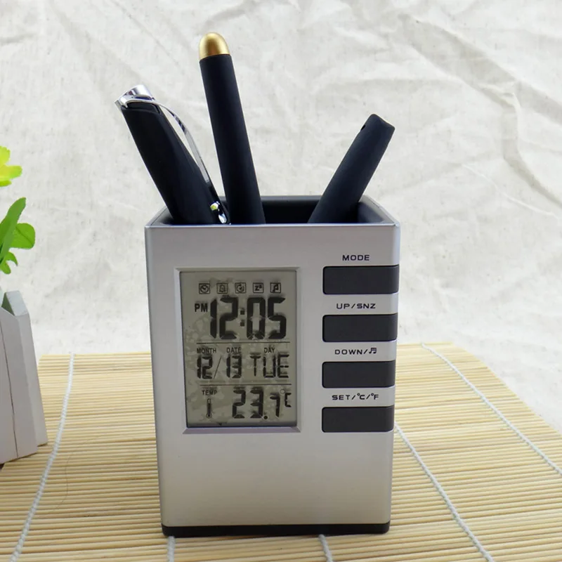 

Multi Function Pen Pot LED Digital Alarm Clock Office Electronic Desk Clock With Calendar Thermometer Office Supplies --
