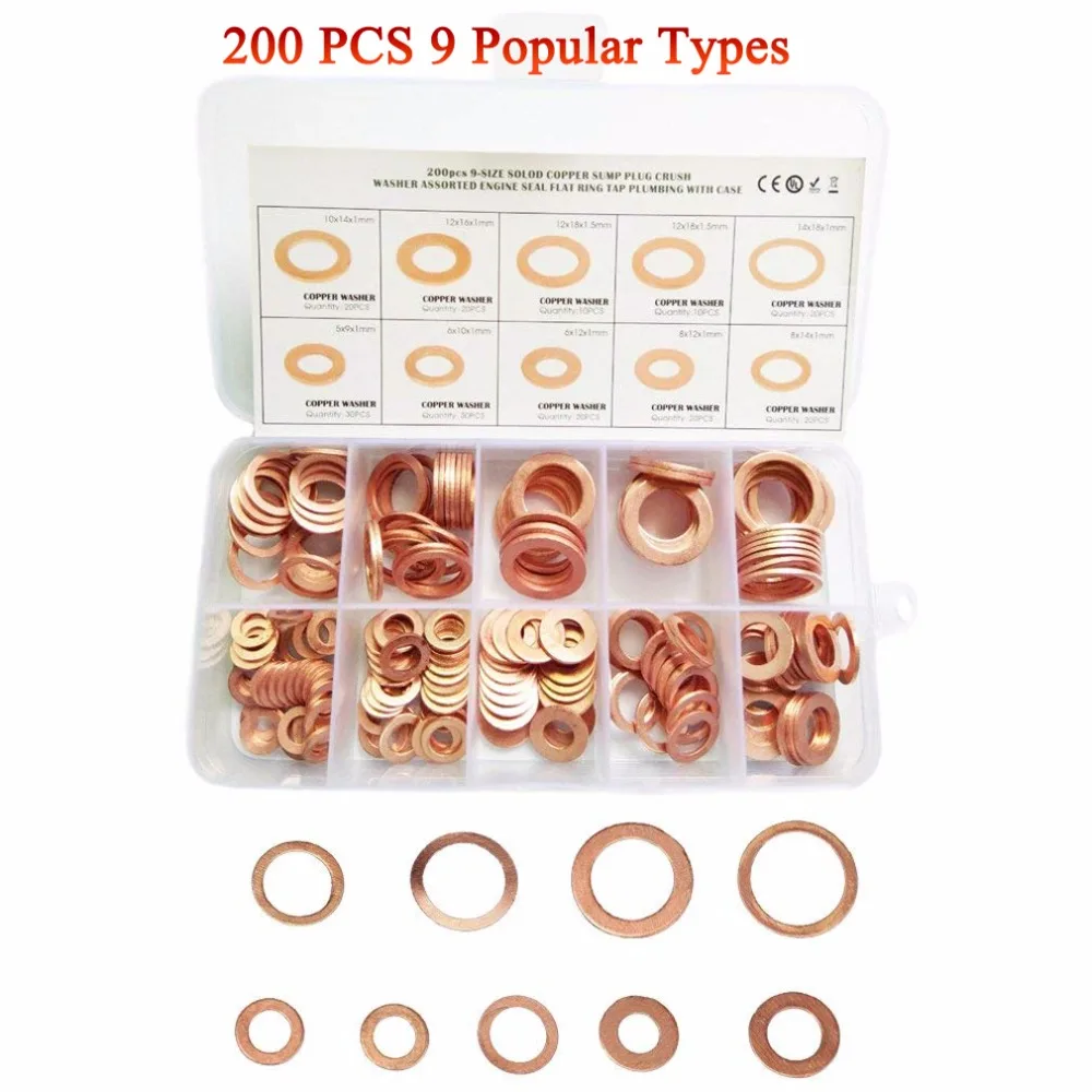 200PCS M5-M14 Copper Crush Washer Gasket Set Flat Ring Seal Assortment Kit US 