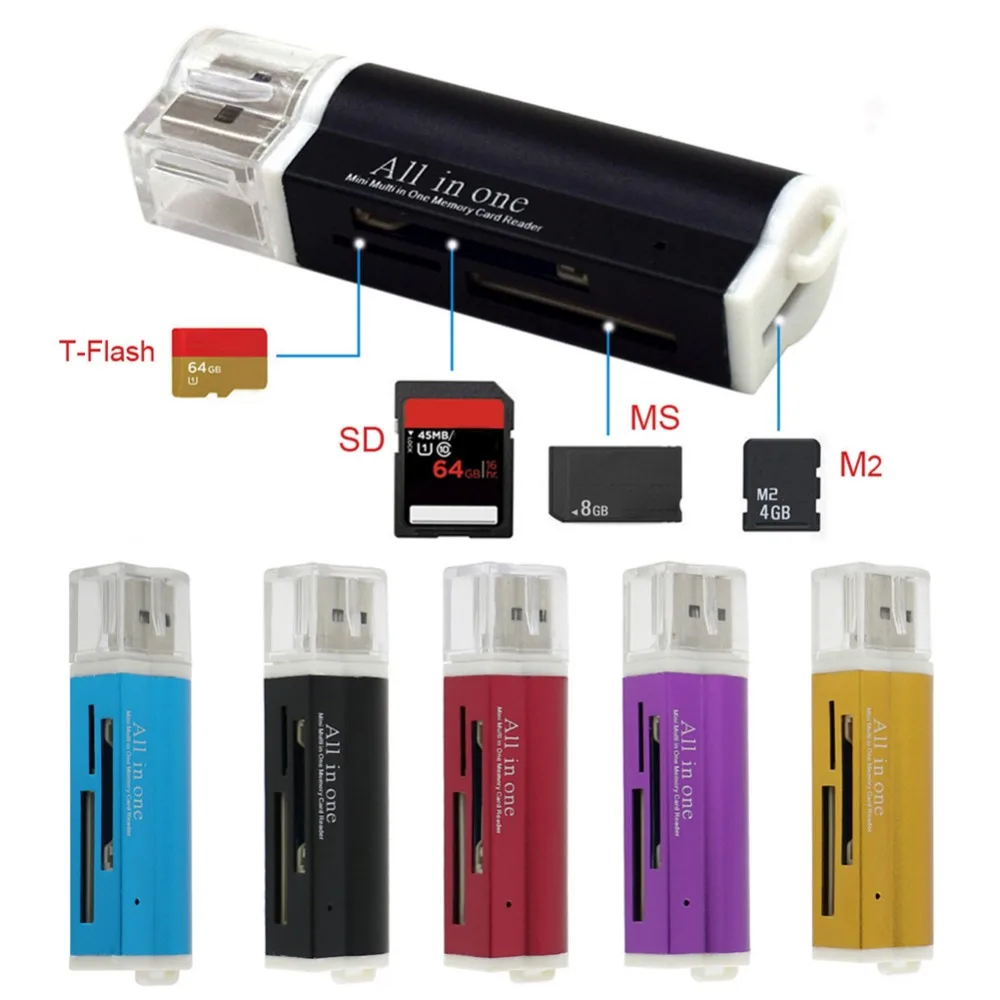 

Multi All in 1 USB 2.0 Card Reader 4-Slot 480m/s Memory For Maximum 32GB Aluminium Shell TF MS SD MMC SDHC M2 Card Adapter