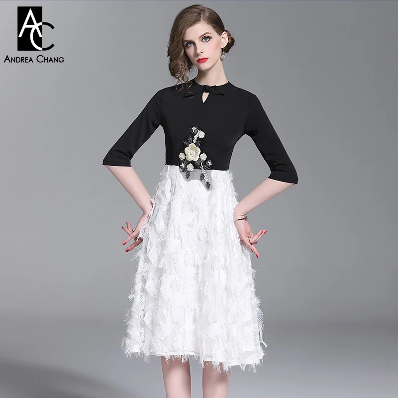 

S-XXL spring summer woman dress collar bow half sleeve black top feather tassel white bottom waist flower cute patchwork dress