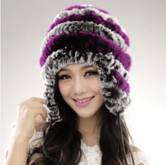 Горячая Распродажа дешевая зимняя теплая Защитная шапка с ушками, вязаная шапка из натурального кроличьего меха, женская зимняя меховая шапка - Цвет: grey purple